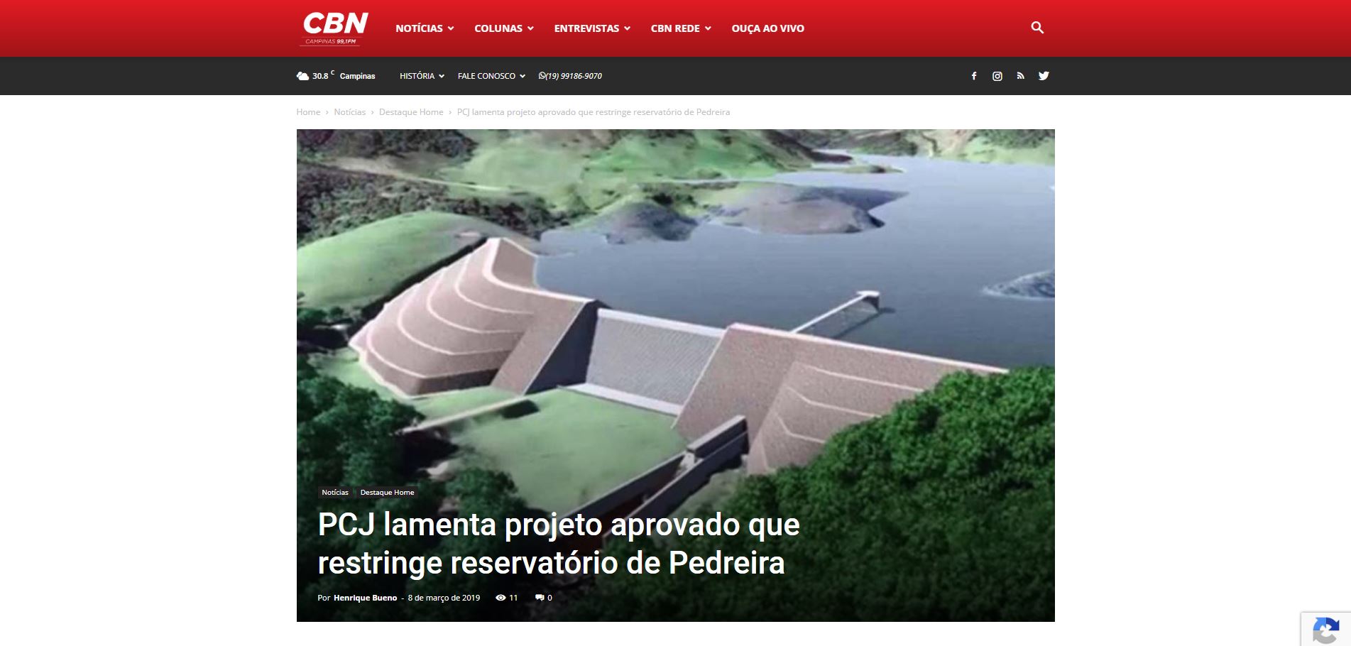 CBN destaca PCJ e projeto aprovado que restringe reservatório de Pedreira