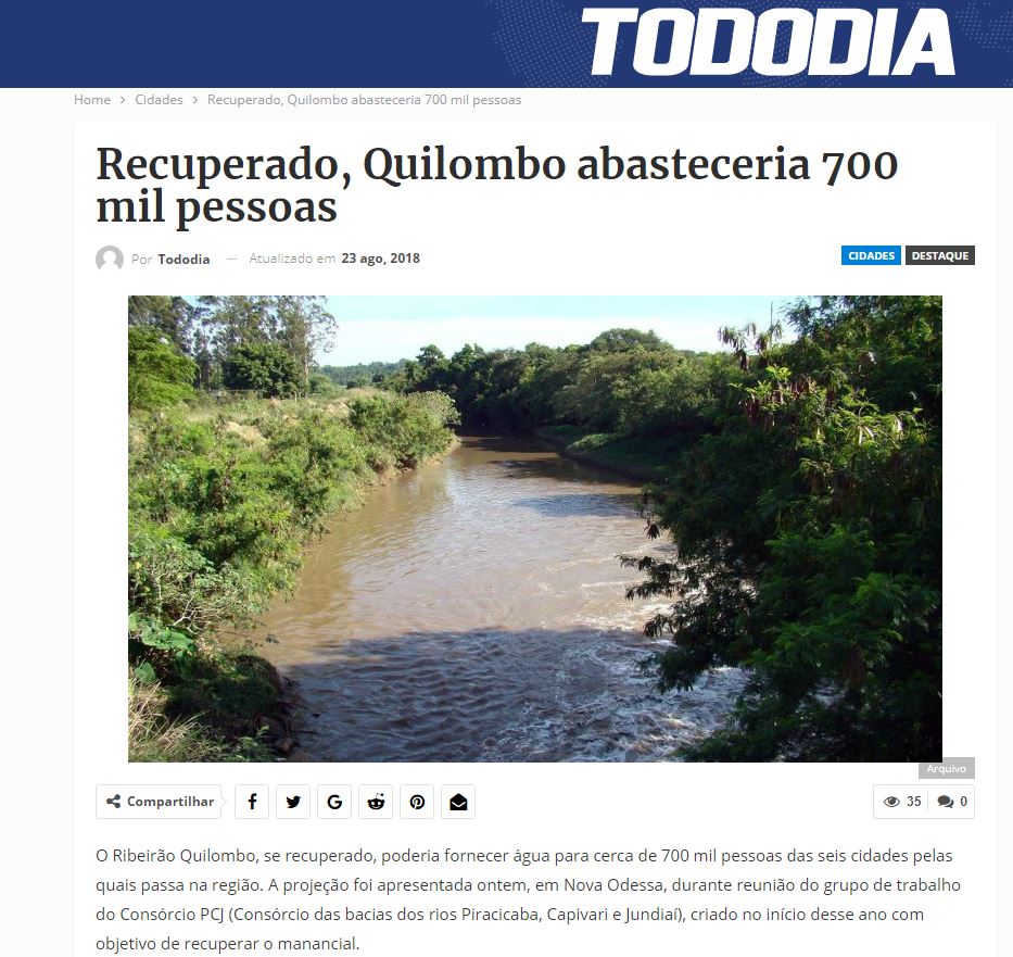 No Jornal Todo Dia, Ribeirão Quilombo, se recuperado, poderia fornecer água para cerca de 700 mil pessoas