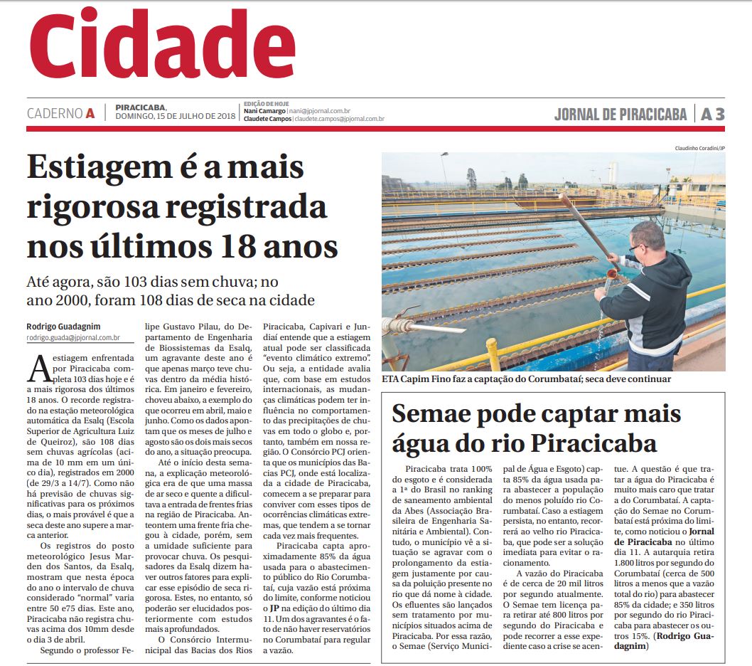 Jornal de Piracicaba atenta para estiagem severa na região