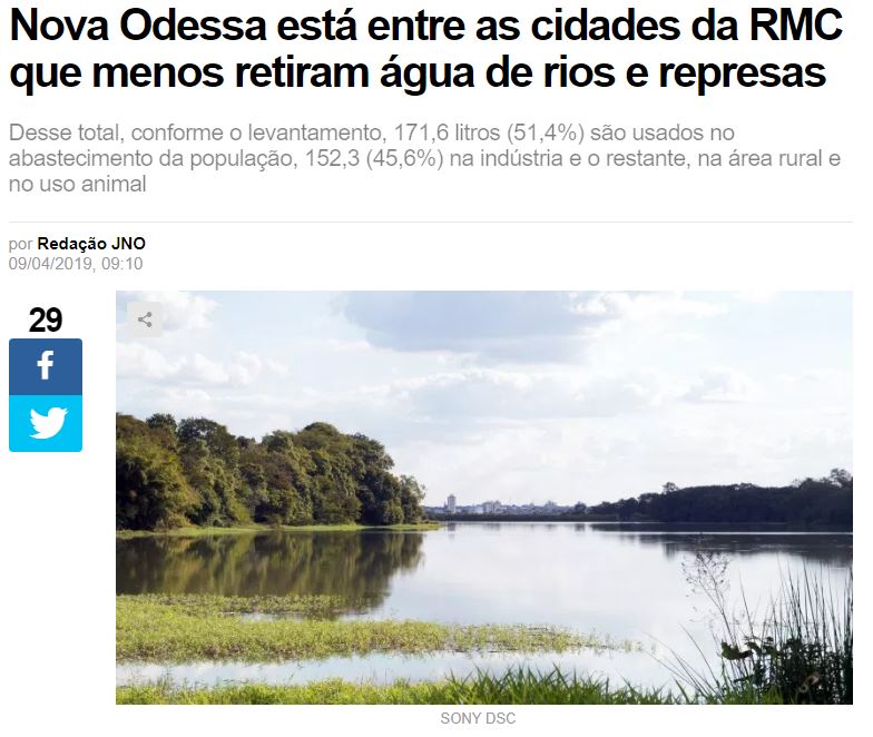 Jornal de Nova Odessa fala sobre a cidade que menos retira água de rios e represas na RMC