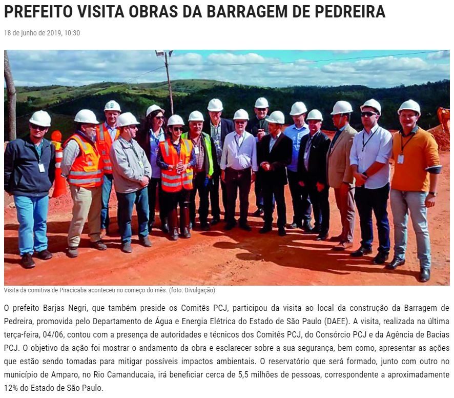 JORNAL DE PIRACICABA DESTACA VISITA DO PREFEITO DA CIDADE A BARRAGEM DE PEDREIRA