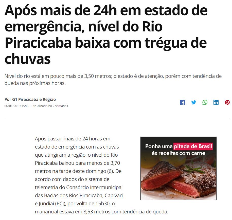 Após mais de 24h em estado de emergência, nível do Rio Piracicaba baixa com trégua de chuvas