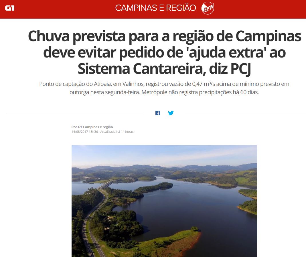 Previsão de chuvas evita pedido de ajuda ao Sistema Cantareira