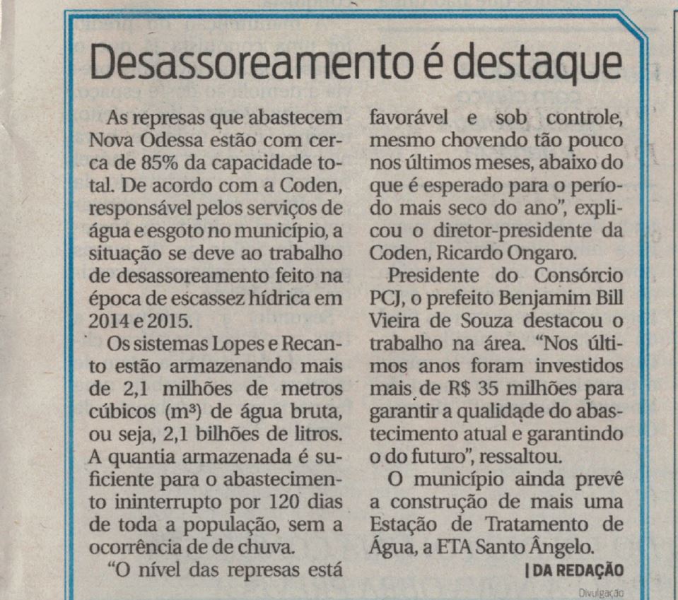 Jornal Todo Dia destaca situação das represas de Novas Odessa (SP)